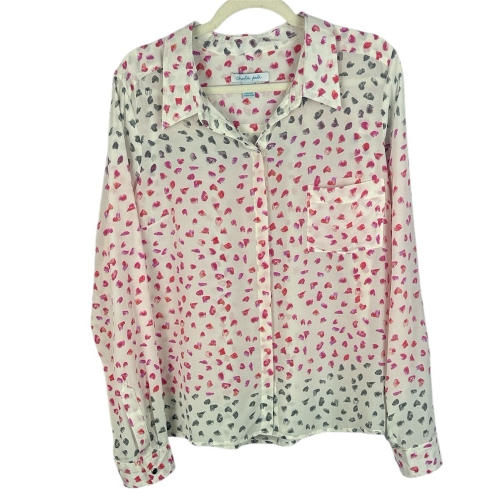 Charlie Jade 100% Silk Multicolor Brushstroke Long Sleeve Large Blouse